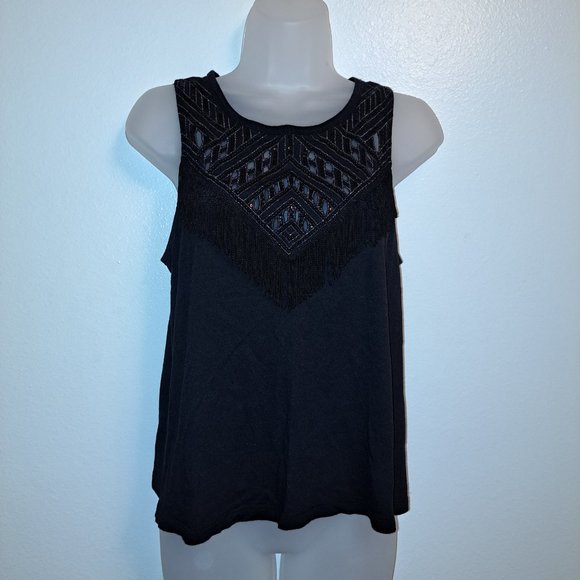Express Women's Black Fringe&Sequin Detailed Sleeveless Top W/Cutout Design M - Picture 2 of 8